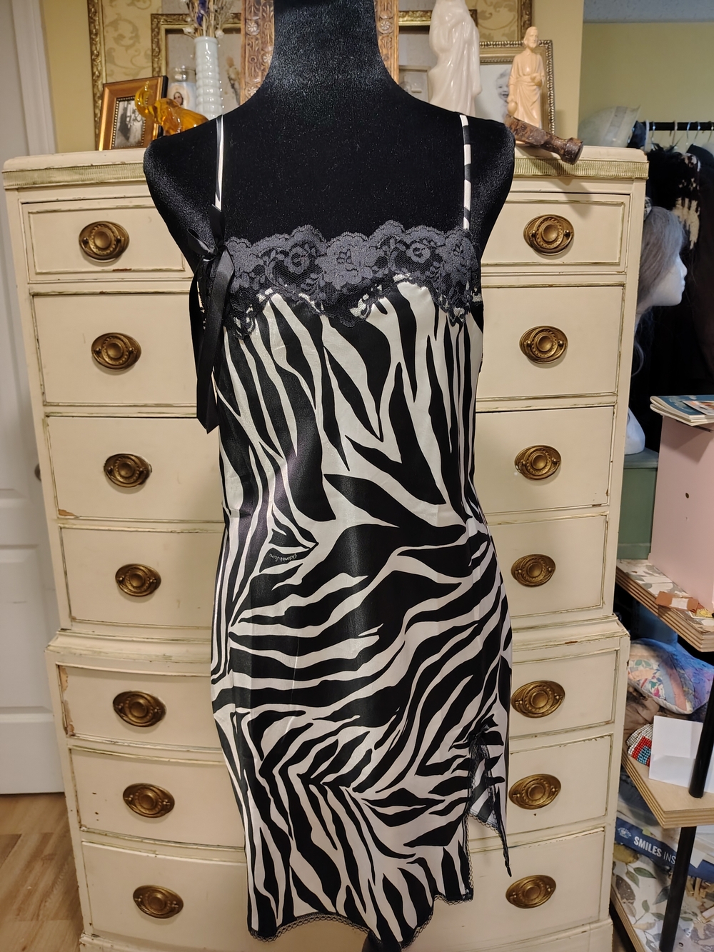 Victoria's Secret Black and White Zebra Satin Chemise with Lace